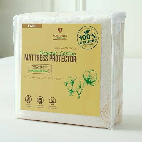 Organic Cotton Waterproof Mattress Protector - Twin Size Deep Pocket Fitted Cover