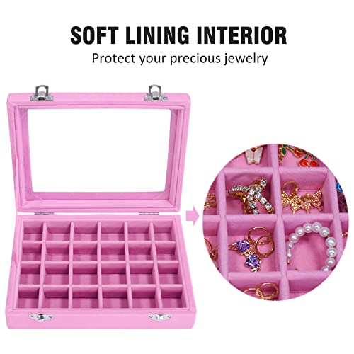 24-Grid Velvet Jewelry Box Display Organizer Tray with Clear Glass Lid (Pink)