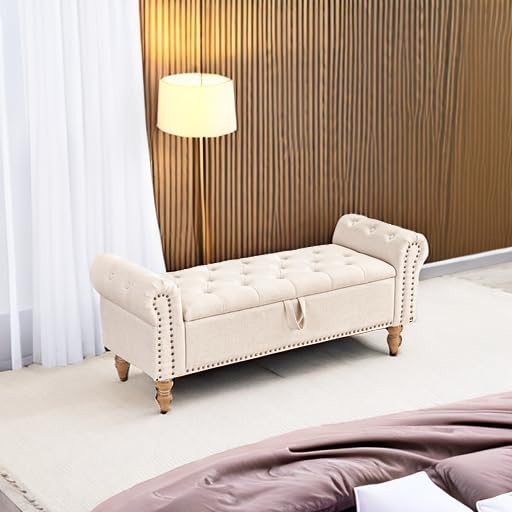 51-Inch Upholstered Storage Bench, Button-Tufted Linen Ottoman for Bedroom