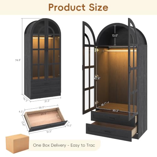 75" Arched Armoire Wardrobe with Glass Doors, 2 Drawers and LED Light