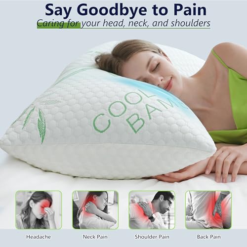 Queen Size Cooling Memory Foam Pillows Set of 2 - Adjustable Firm Bamboo