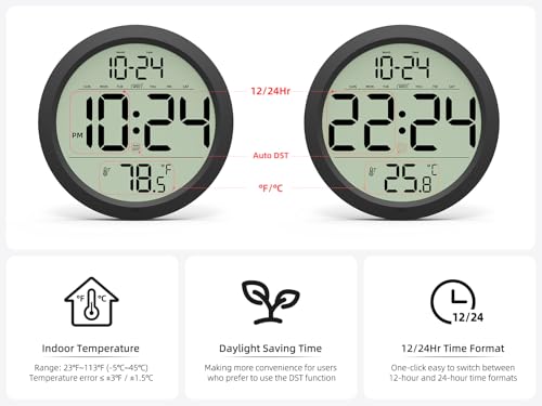 8-Inch Digital Wall Clock with Temperature, Date Display and Auto-DST