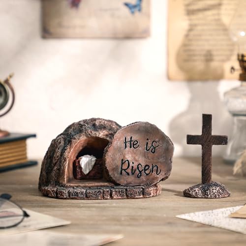 Resin Empty Tomb and Cross Easter Nativity Set - He Is Risen Tabletop Decor