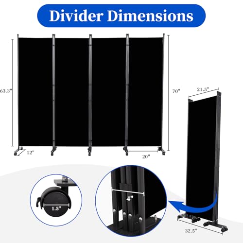 6ft 4-Panel Folding Room Divider with Lockable Wheels, Portable Privacy Screen
