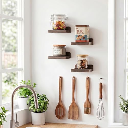Small Floating Wall Shelves Set of 4 - Dark Carbonized Rustic Wood
