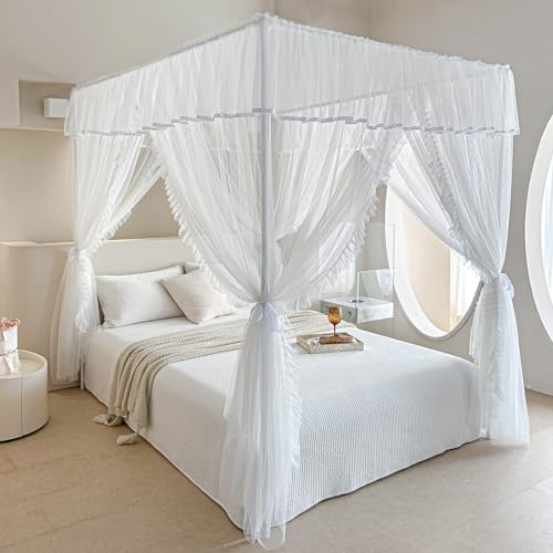 4 Corner Post Bed Canopy Curtain - Double Layer Ruffle Mosquito Net