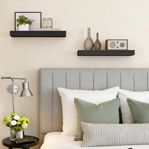 Black Floating Wall Shelves - Set of 2, 15.7 Inch Wood Storage Display Shelves