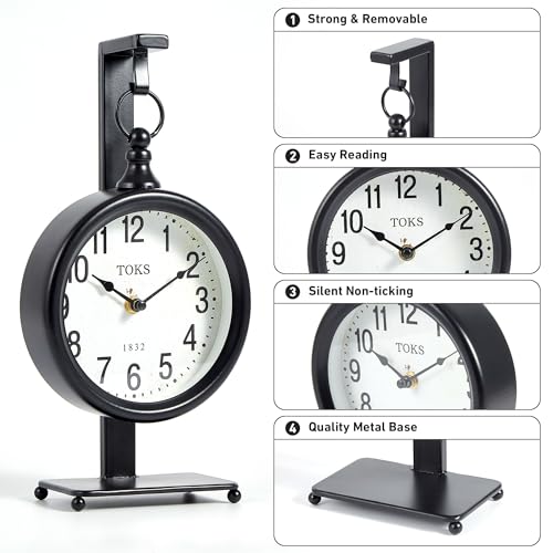13-Inch Vintage Style Black Desk Clock, Silent Non-Ticking Mantel Clock