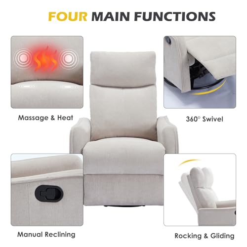 Swivel Rocker Recliner Chair with Heat and Massage, Beige Chenille