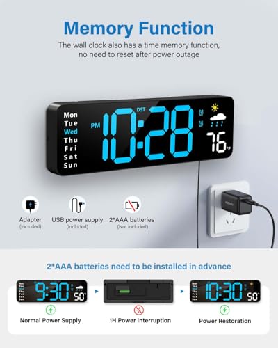 Large Digital Wall Clock with Remote Control, Temp & Humidity (Blue)