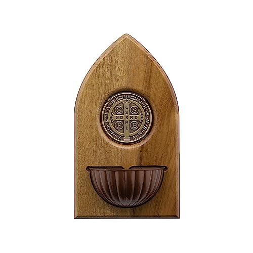 Solid Walnut Holy Water Font with St Benedict Icon - Handmade Wall Decor