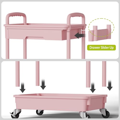 3-Tier Rolling Utility Cart with Drawer & Hooks, Pink Mobile Storage Shelf