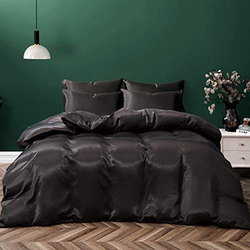 Black Satin Duvet Cover Twin - Luxury Soft Silky Fabric 68" x 90"