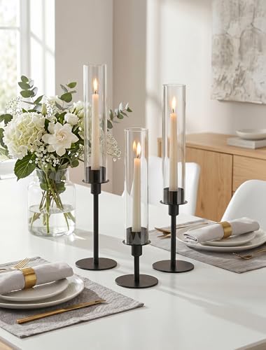 Sziqiqi Set of 6 Black Hurricane Candle Holders with Wax Catchers & Tiered Heights