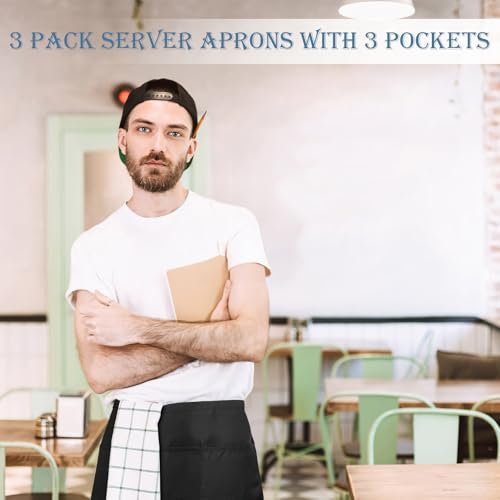 3-Pack Short Server Apron with 3 Pockets - Stain-Resistant Polyester