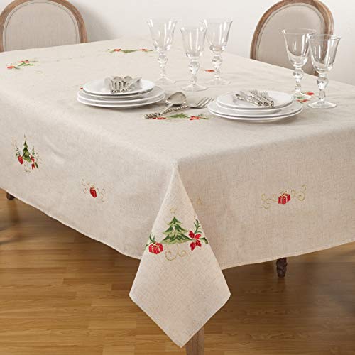 SARO LIFESTYLE Embroidered Christmas Tree Linen Tablecloth 67 x 180 Inches Natural