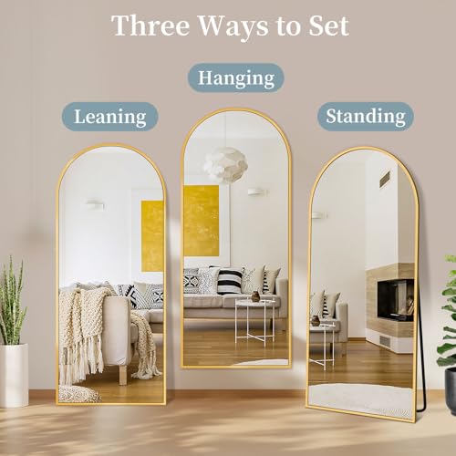 Arched Full Body Mirror with Stand - 58" x 19" Gold Aluminum Frame Floor Mirror