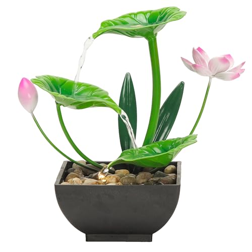 3-Tier Indoor Tabletop Water Fountain with Lotus Leaves & River Rocks