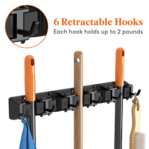 Wall Mounted Mop and Broom Holder Organizer with 5 Slots and 6 Hooks