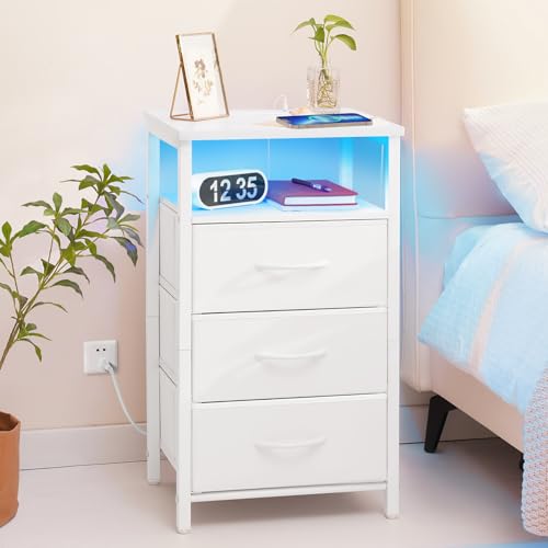 LED Nightstand with Charging Station, 3-Drawer Bedside End Table with USB