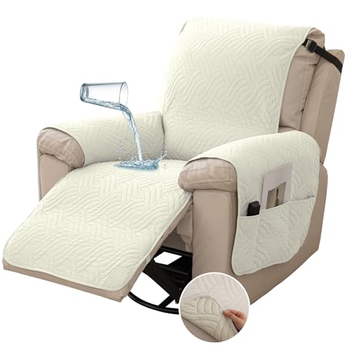 Waterproof Non-Slip Recliner Chair Cover - Quilted Protector with Pocket (Off White, 23")