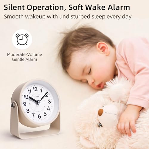 Compact Silent Analog Alarm Clock with Night Light and Snooze, Yellow