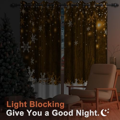 Brown Wood Grain Snowflake Christmas Window Curtains 2 Panels 42W x 84L