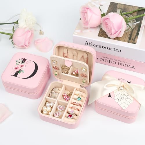Travel Jewelry Box for Women and Girls - Small Case with Initial A-Z (Pink, M) - Teacher Gifts by AYGXU