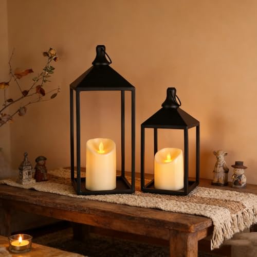 Black Decorative Metal Lanterns Set with Candles - 15" & 11"