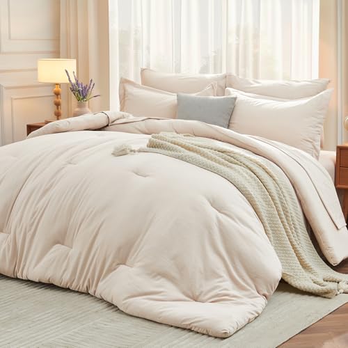 7-Piece Queen Comforter Set - Soft All-Season Bed in a Bag, Beige