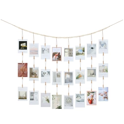 Hanging Photo Display with 28 Wood Clips, Boho Bead Garland Wall Decor