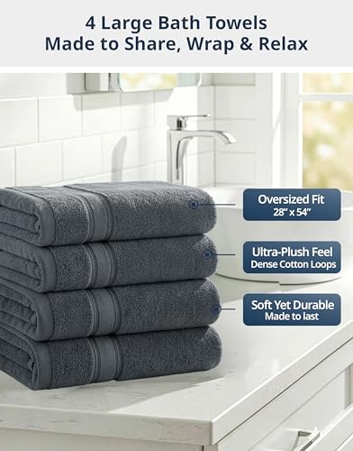 4-Piece Bath Towel Set, 100% Cotton Soft & Absorbent Towels - Cool Grey