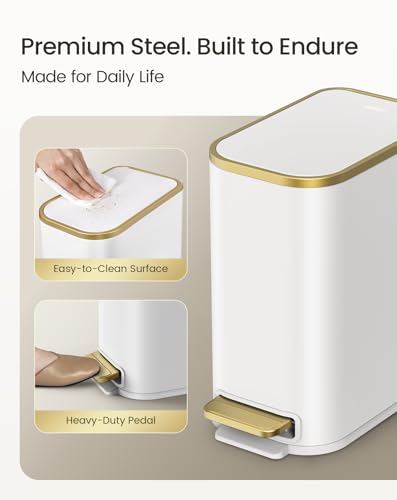 Small Bathroom Trash Can 1.3 Gallon White with Gold Lid and Pedal