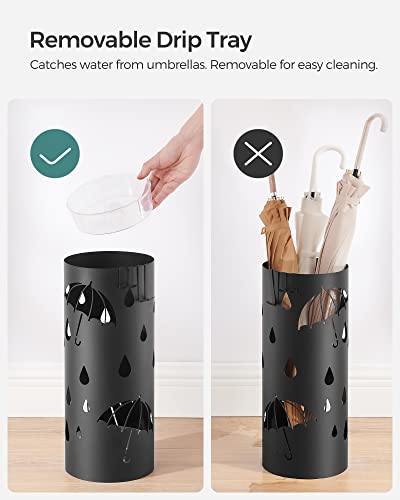 Metal Umbrella Stand with Drip Tray and Hooks, Matte Black Entryway Organizer