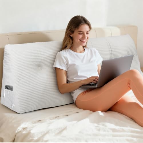 Queen Wedge Headboard Pillow - Triangular Bed Backrest with Pockets