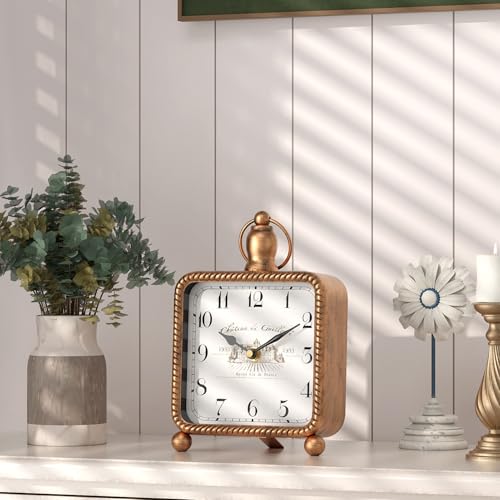 Vintage Gold Table Clock, French Rustic Mantel Clock for Shelf or Desk