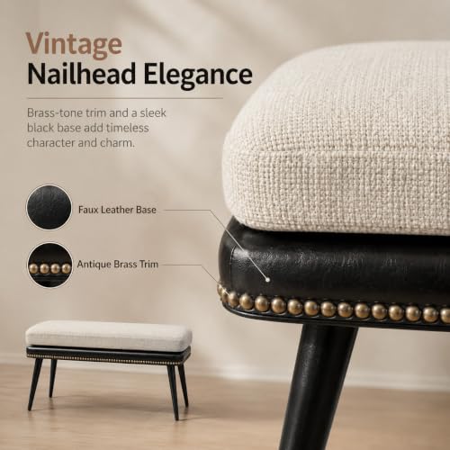 32" Retro Upholstered Entryway Bench with Removable Linen Cushion