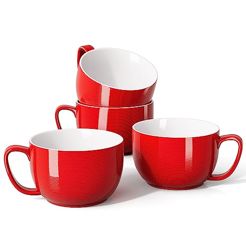 Teocera Red Mug Set of 4 - 24oz Jumbo Coffee Cups with Striped Design, Microwave Safe, Large Handle, Holiday Gift