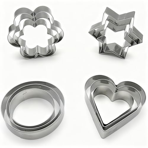 12-Piece Stainless Steel Cookie Cutter Set with 4 Shapes for Baking and Kids' Crafts