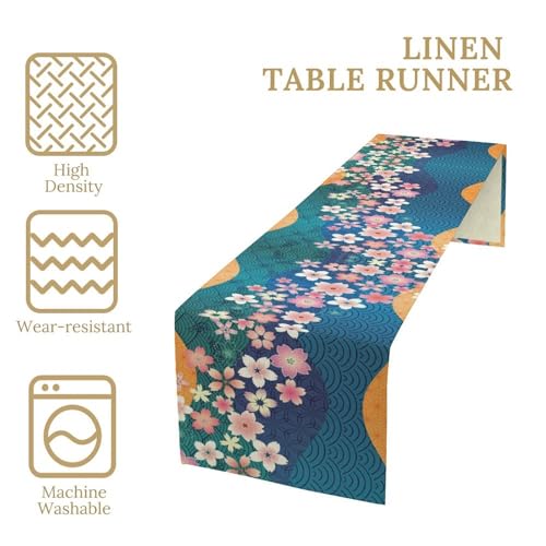 KANEPE Japanese Cherry Blossoms Table Runner 13x90in Cherry-Blue Seasonal Spring Decor