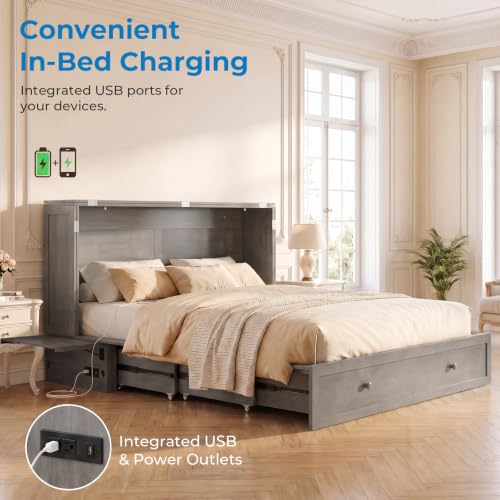 Queen Murphy Bed Cabinet with Tri-Fold Mattress, Drawers & Charging Station