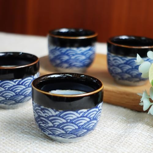 Japanese Porcelain Sake Set – 1 Bottle & 4 Cups with Blue Wave Pattern, KeQiu