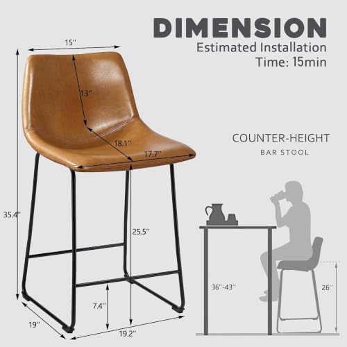 26-Inch Counter Height Bar Stools - Set of 2 Faux Leather Kitchen Chairs