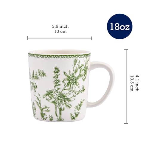 Bico Green Garden Toile de Jouy 18 oz Mugs Set of 4 – Lead-Free Ceramic Coffee Tea Cups with Large Handles