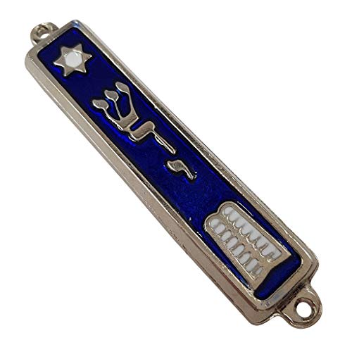 3.5 Inch Ten Commandments Mezuzah Case with Scroll - Blue Enamel Silver