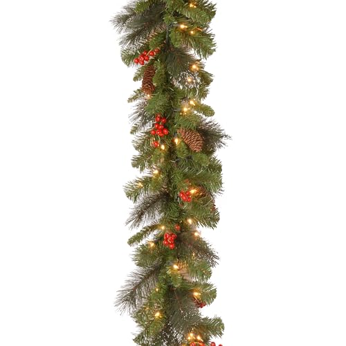 9ft Pre-Lit Christmas Garland with 50 Clear Lights, Pinecones & Berries