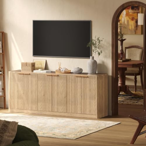 67-Inch Fluted Oak Buffet Cabinet - 6-Door Wood Sideboard Credenza