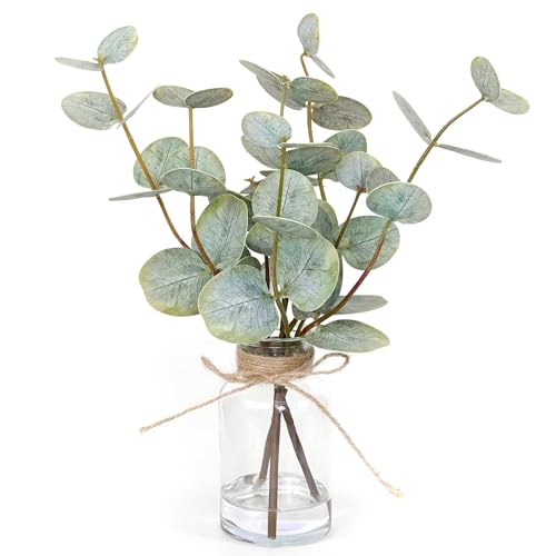Artificial Eucalyptus Stems in Glass Vase with Faux Water - Set of 3
