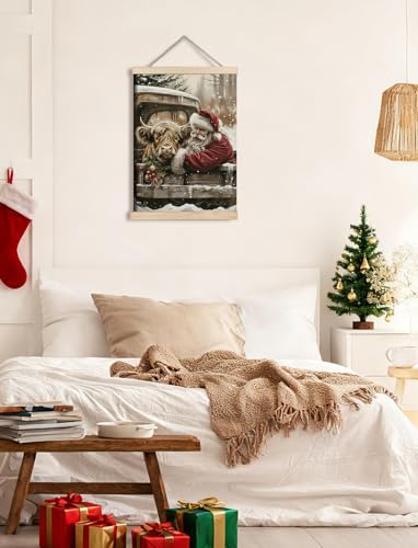 Rustic Highland Cow Santa Wall Art - 12x16 Inches, Farmhouse Christmas Canvas Print (Color 02)