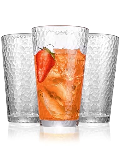 Hammered Highball Drinking Glasses Set of 8, 16oz Clear Glass Cups